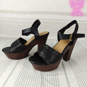 Report Black Platform Chunky Heel Sandals Gold Studs Faux Leather 7.5 NEW